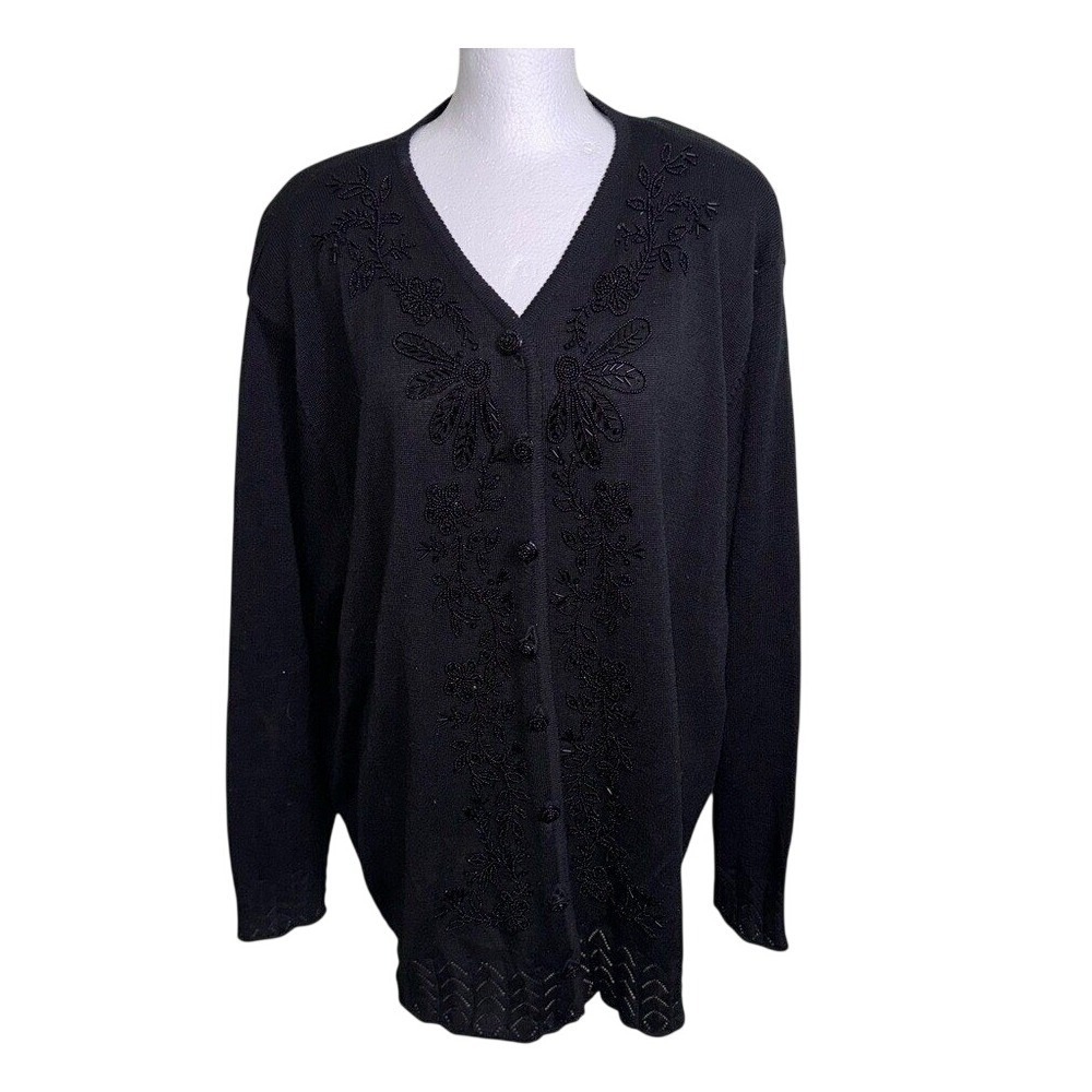 Vtg Nina Patrick Black Beaded Cardigan Wool Blend Cottagecore Romantic Goth‎ 2+